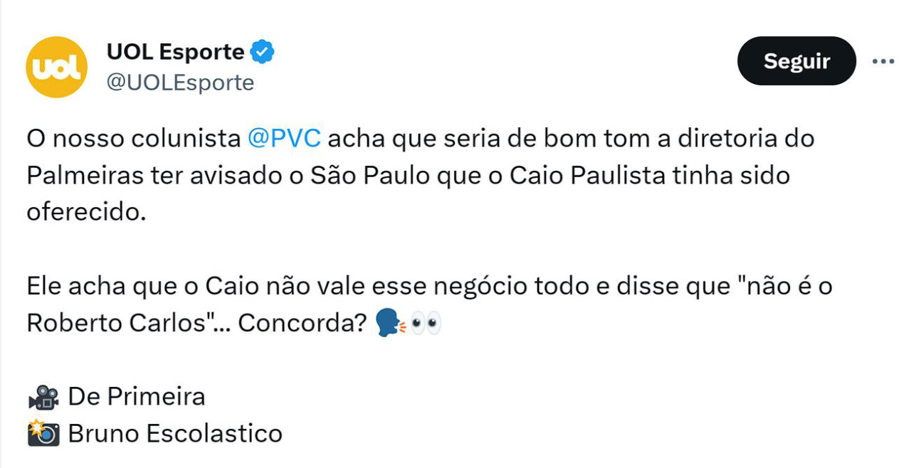 UOLEsportes sobre Caio Paulista no Palmeiras para 2024